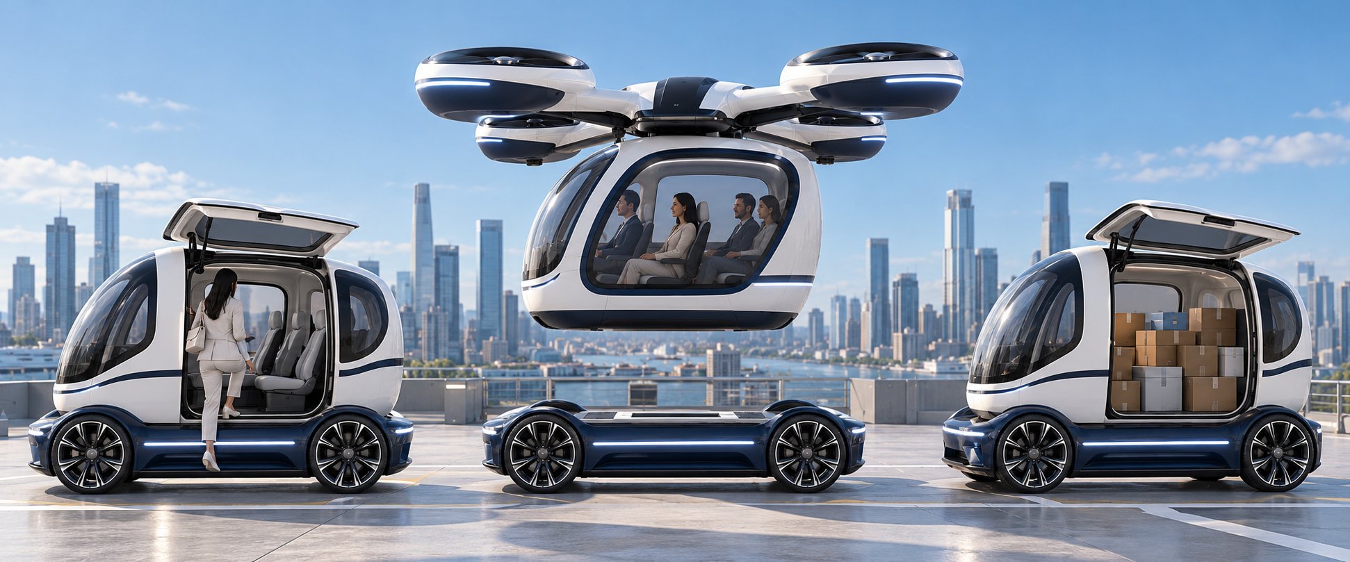 PODyssey system: the same pod on a big-wheel chassis, carried by a four-fan VTOL drone over an empty chassis, and as a cargo pod